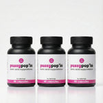 Three bottles of 'pussypop'in' boric acid suppositories on a white background