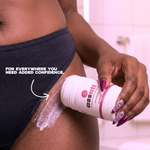 Person applying a product to their leg with text about added confidence.