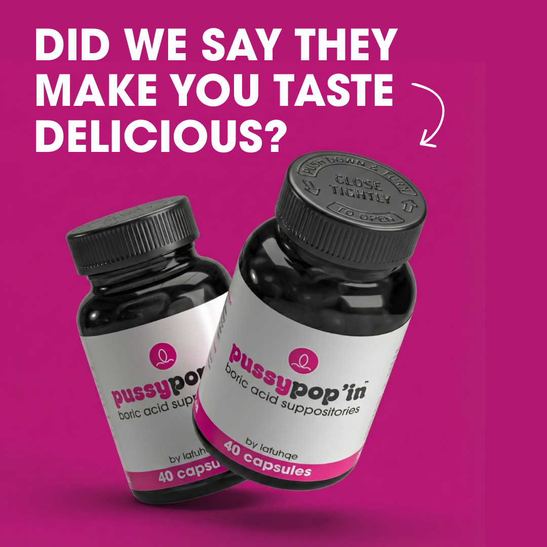 Two bottles of PussyPop'in on a pink background with promotional text.