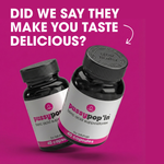 Two bottles of PussyPop'in on a pink background with promotional text.