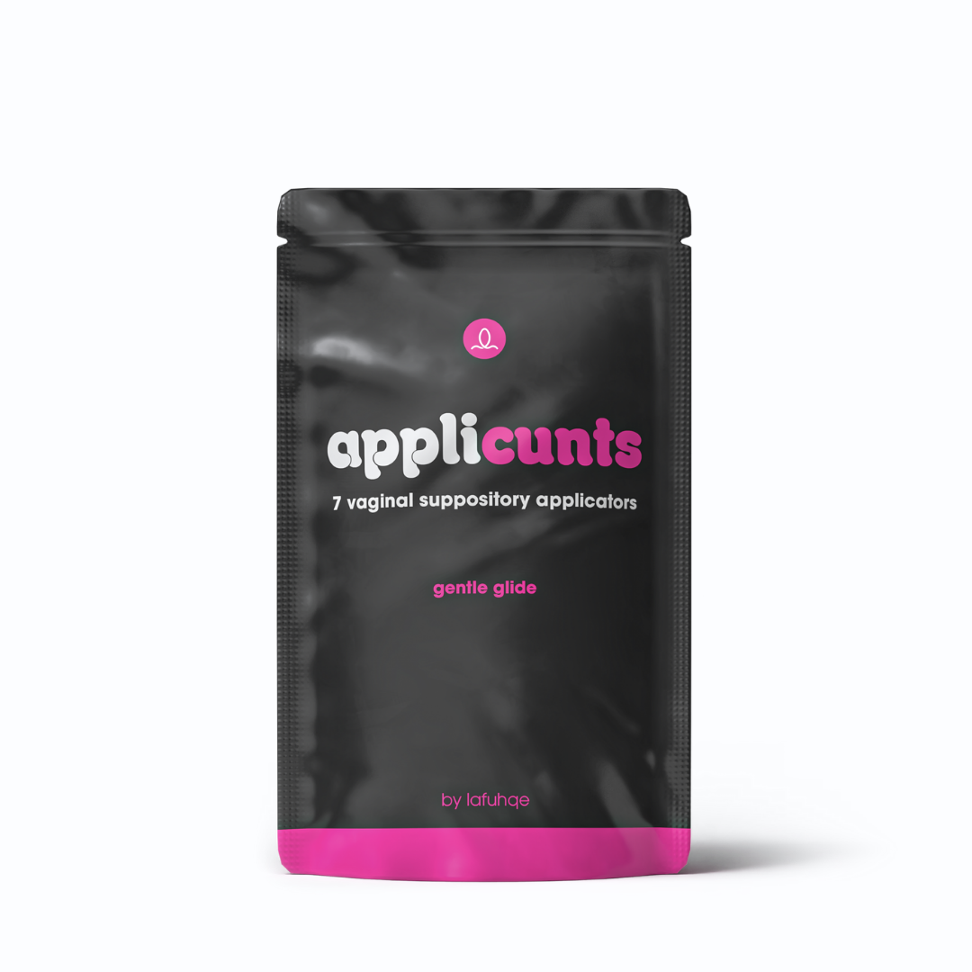 Black packaging of 'applicunts' with pink accents on a white background