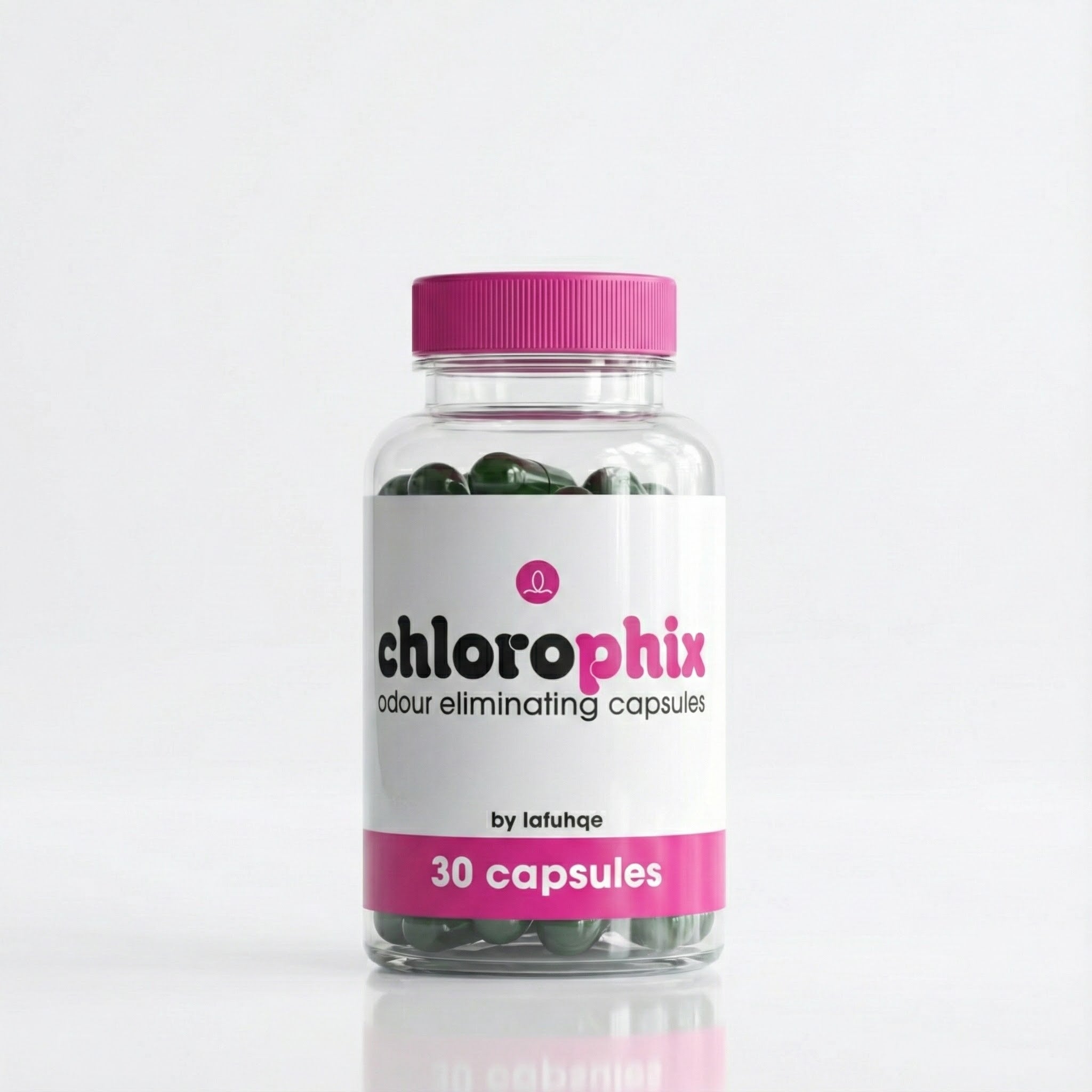 Bottle of chlorophix odor eliminating capsules with a pink cap on a white background