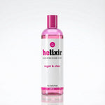 Helixir body scrub bottle with pink cap and label on a white background