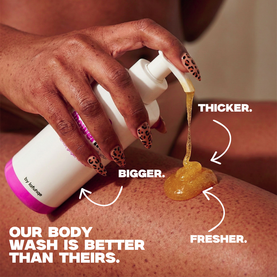 Hand applying a bottle of body wash with text highlighting benefits on a brown background