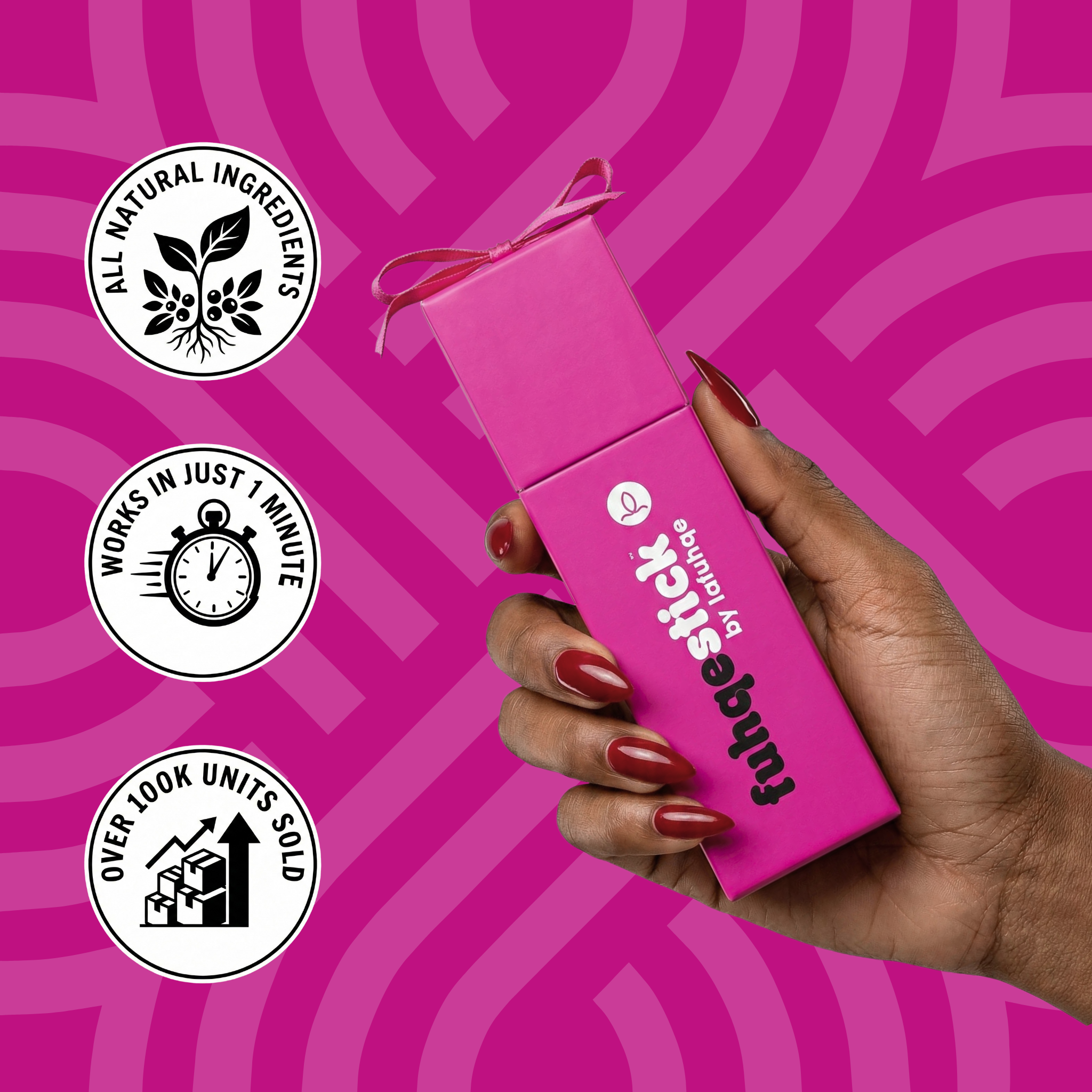 Pink product packaging held by a hand on a pink background with brand name and feature icons.
