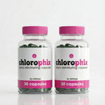 Two bottles of Chlorophix odor eliminating capsules with pink lids on a white background.