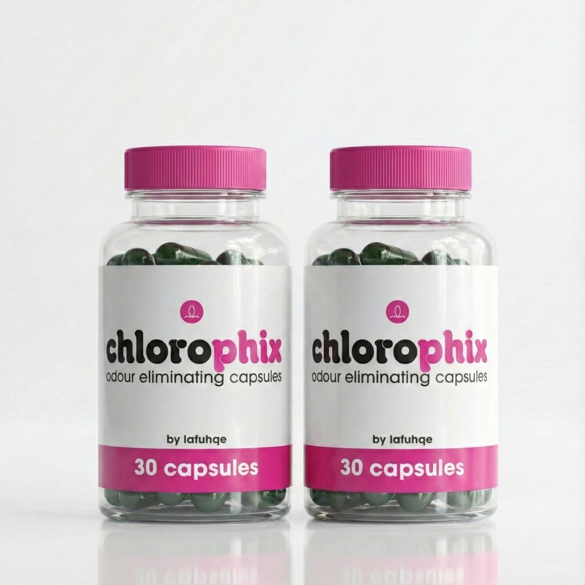 Two bottles of Chlorophix odor eliminating capsules with pink lids on a white background.