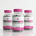 Three bottles of Chlorophix odor eliminating capsules with pink lids on a white background.