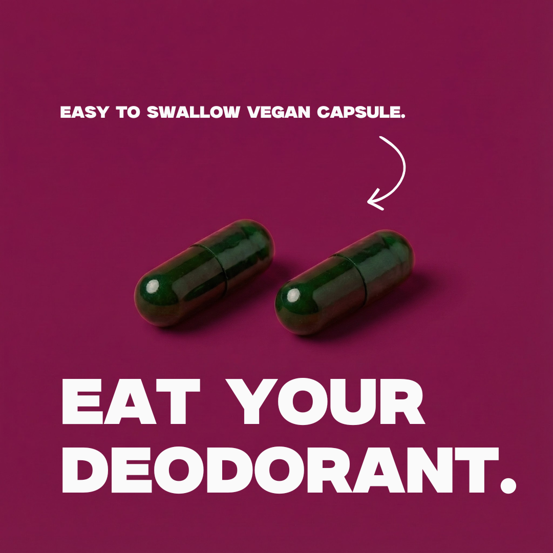 Two green capsules on a purple background with text about vegan capsules and deodorant.
