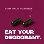 Two green capsules on a purple background with text about vegan capsules and deodorant.