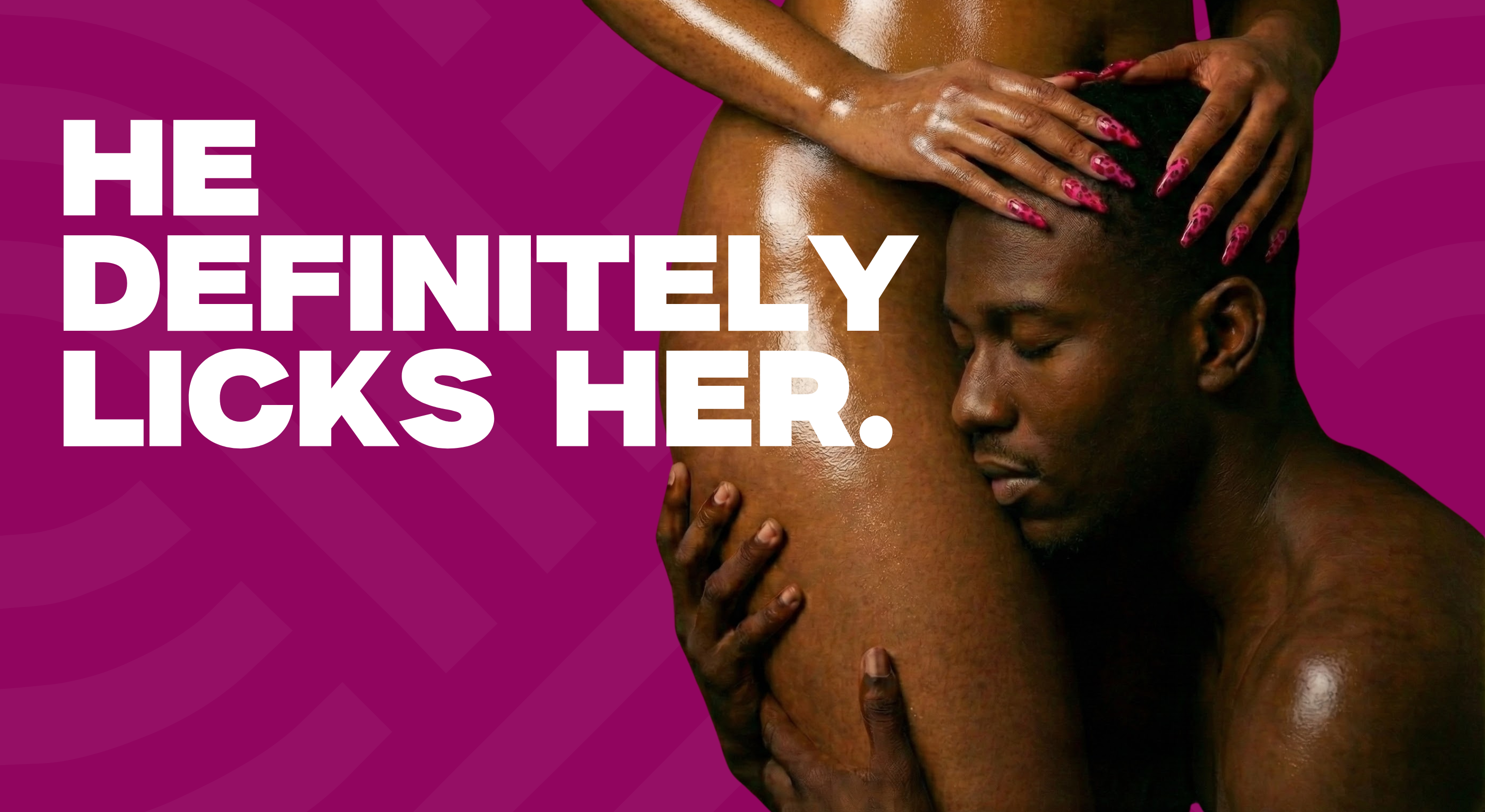 Two people embracing with text 'HE DEFINITELY LICKS HER' on a pink background