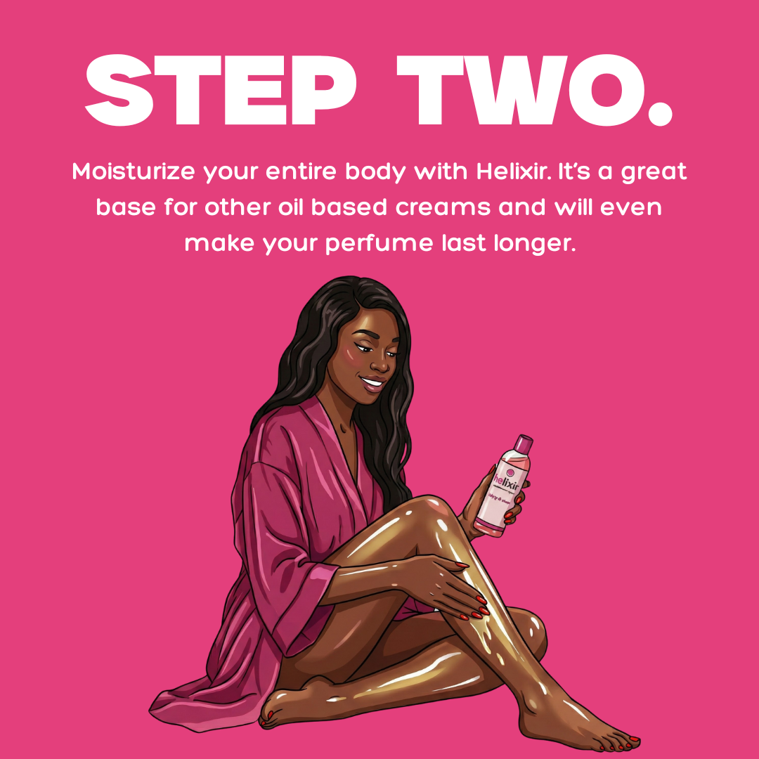 Illustration of a woman moisturizing her body with Helixir on a pink background