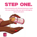 Illustration of hands pouring Helixir product into another hand with text on a white background