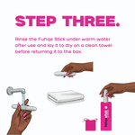 Step-by-step guide on using a Fuhq Stick with illustrations of hands rinsing, drying, and storing the product.