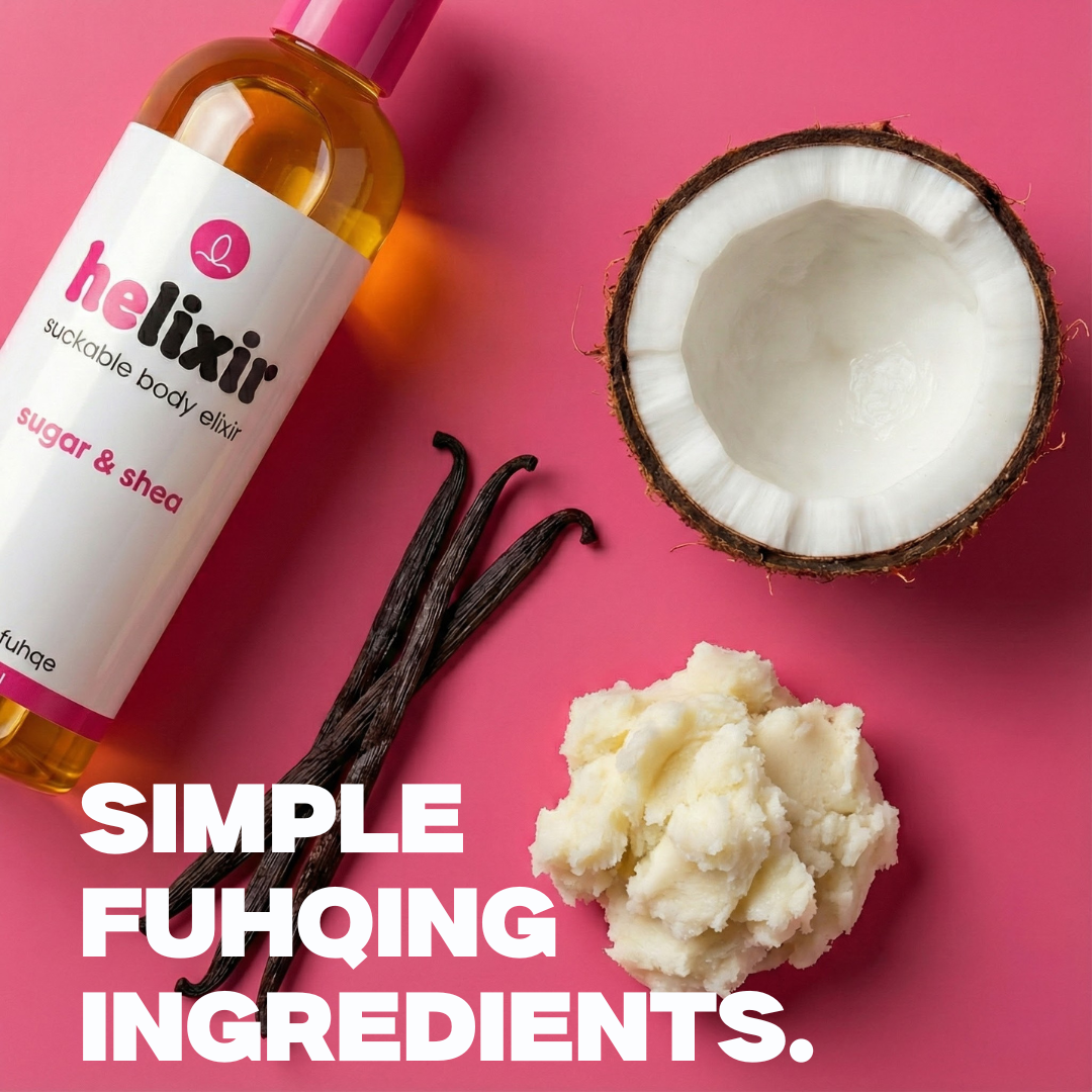 Helixir body elixir bottle with coconut, vanilla beans, and shea butter on a pink background.