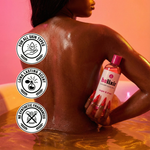 Person holding a bottle of 'helixir' with product features displayed on a pink background