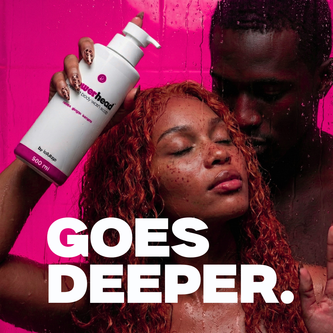 Person applying hair product to another person with a pink background and text 'GOES DEEPER'.